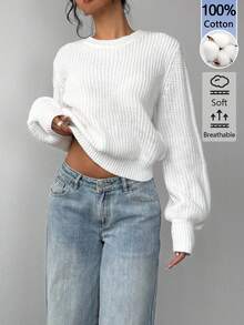 SHEIN BASICS Women's Round Neck Long Sleeve Solid Color Sweater - White - View 4
