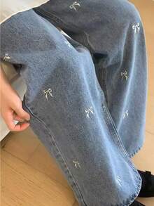 DAZY Women's Bow Print Pocket Denim Jeans, Back To School Season Blue And White Summer Casual Style - Blue - View 3