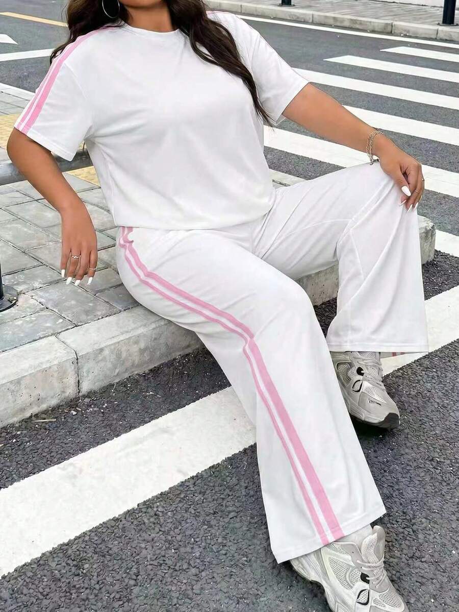 Muchica 大码女式撞色条纹侧边短袖T恤和阔腿裤套装,春、夏、秋季休闲运动装 - 白色 - 查看 1