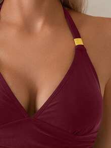 Swim Lushoire 女款小方金屬肩帶掛脖比基尼上衣 - 酒紅色 - 查看 3