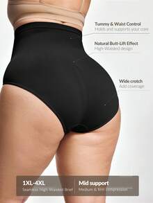SHAPORA Plus Size Women High Waist Slimming Solid Color Briefs - Black - View 2