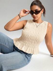 LYSMO Top de tirantes elástico con fruncido estilo boho para mujer de talla grande, de verano - Albaricoque - Ver 3