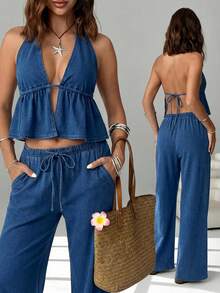 SHEIN EZwear 女款開衩設計掛脖上衣與長褲休閒牛仔套裝 - 藍色 - 查看 1