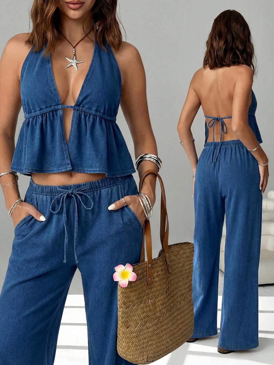 SHEIN EZwear 女款開衩設計掛脖上衣與長褲休閒牛仔套裝 - 藍色 - 查看 1