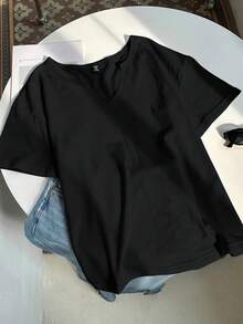 Comfortcana Plus Size Spring/Summer Snowflake Acetate Distressed Black Loose Short Sleeve Small V-Neck T-Shirt Cotton Fabric Wedding Western - Black - View 7