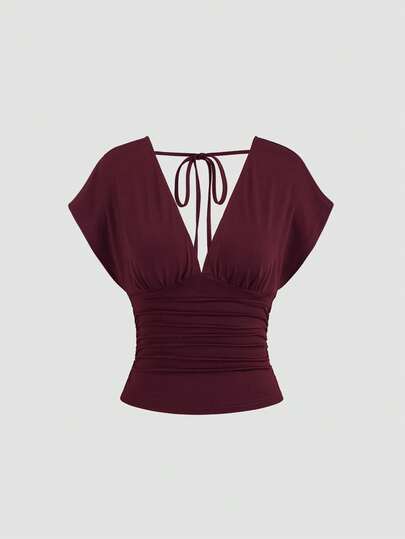 Sweetra Women's New Fashion Versatile Knit Front And Back Deep V-Neck 2-Way Wear T-Shirt Waist-Cinched Ruched Back Tie Shoulder Sleeve Top