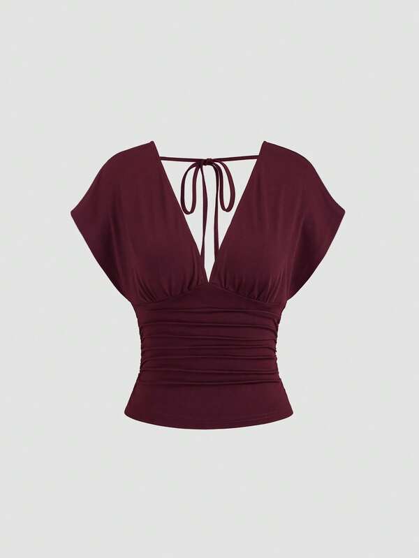Sweetra Women's New Fashion Versatile Knit Front And Back Deep V-Neck 2-Way Wear T-Shirt Waist-Cinched Ruched Back Tie Shoulder Sleeve Top