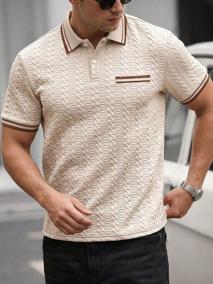 DAZY 男士拼色粗針編織休閒百搭日常旅行短袖 Polo 衫 夏季 - 杏色 - 查看 1