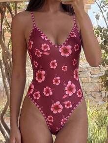 Swim Vcay 2026 New Pink Floral Print Adjustable Shoulder Strap Camisole One-Piece Swimsuit, Sexy Tropical Slimming Backless Triangle Racing Bikini, Summer Beach - Multicolor - View 5