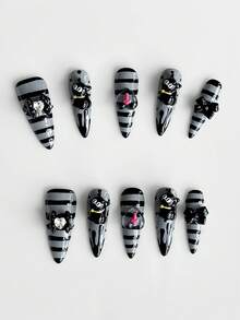ROMWE Anime 10 Peças Manicure de Gato Listrado Estilo Gótico, Manicure Personalizada Feita à Mão de Alta Qualidade, Unhas Postiças Longas em Formato de Amêndoa Adequadas para Todas as Estações - Multicolorido - Visão 2