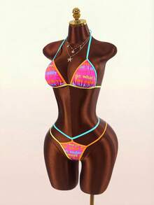 Amplova Women's Letter Print Contrast Detail Sexy Avant-Garde Cute Mini Set Suitable For Vacation Outfits - Pink - View 3