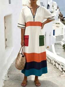 Linhara CURVE Women's Plus Size Multi-Color Contrast Patchwork Print Faux Linen V-Neck Short Sleeve Pocketed Loose Casual Business Versatile Beach Vacation Dress - Multicolor - View 4
