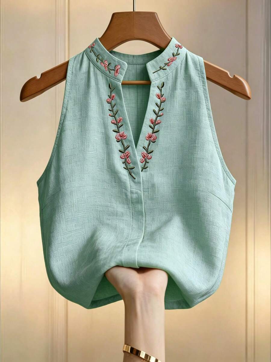 Louniche 女款花卉刺繡立領無袖上衣,刺繡上衣,女款夏季套裝,優雅上衣,職場通勤套裝 - 綠色 - 查看 1