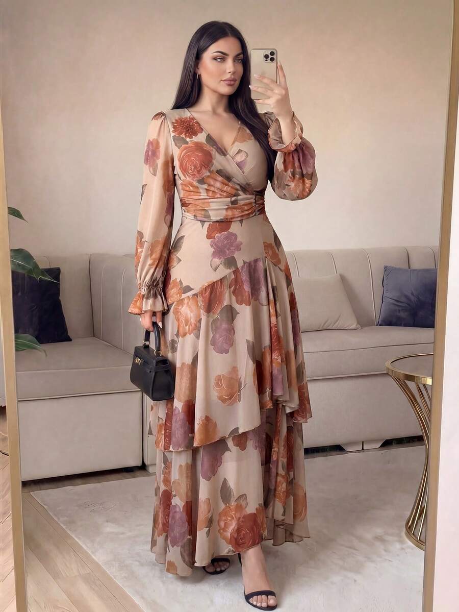 Auveirra 新款大码女装时尚印花荷叶边下摆高弹力收腰长连衣裙,秋季连衣裙,荷叶边连衣裙,碎花连衣裙 - 彩色 - 查看 1