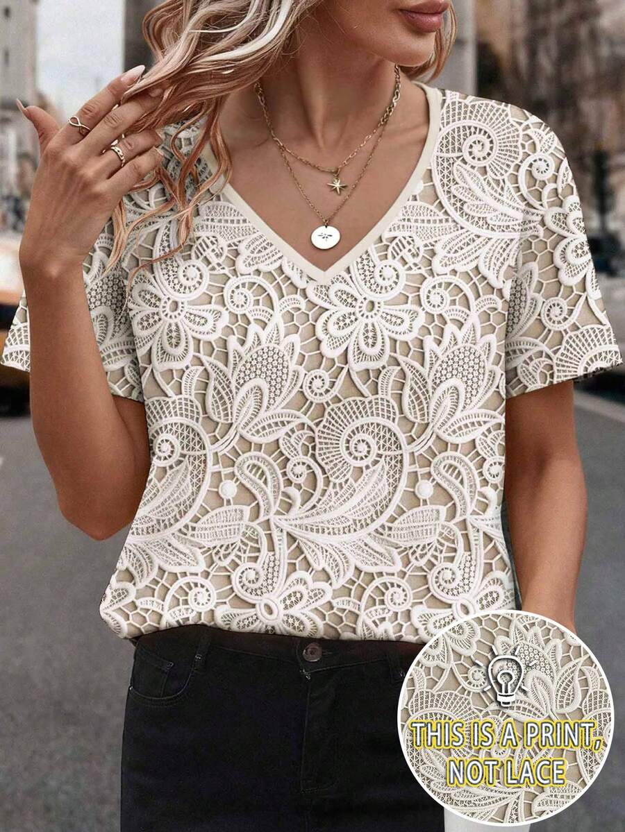 女士蕾丝印花V领短袖T恤,舒适休闲日常穿着 - 杏色 - 查看 1