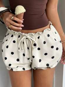 Sunnyshic Women's Drawstring Waist Polka Dot Casual Cute Versatile Daily Outing Denim Shorts Beach Picnic Black White Polka Dot Summer - Black and White - View 4