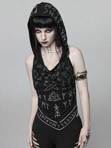 ROMWE Dark Gothic Rune Pattern All-Over Print Sexy Backless Lace-Up Halter Tank Top - Black - View 3