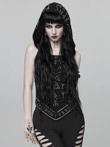 ROMWE Dark Gothic Rune Pattern All-Over Print Sexy Backless Lace-Up Halter Tank Top - Black - View 4