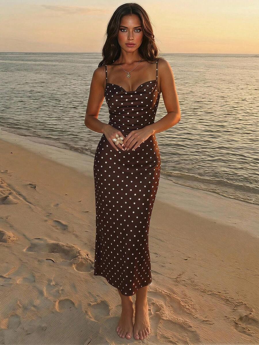 Aloruh Women's Elegant Polka Dot Print Sleeveless Mid-Length Dress, Summer - Brown - View 1
