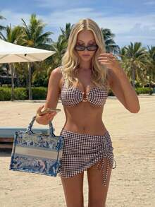 Bonvoyette Women's Summer Beach Holiday Metal Decor Plaid Print Swimwear 3 Pieces Set - Brown - View 7