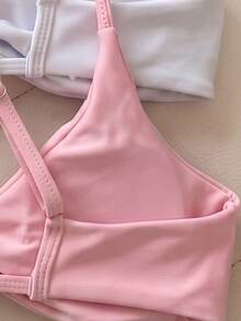 SHEIN Swim Atasan Bikini 3 Potong Wanita Warna Polos dengan Tali Bahu Tipis dan Desain Silang Terpilin untuk Musim Semi/Panas - MultiWarna - View 5