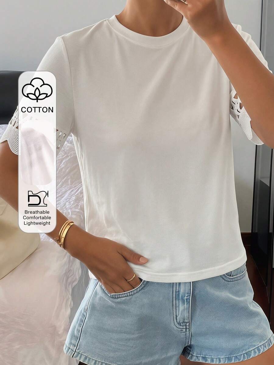 DAZY Atasan Kasual Musim Panas Wanita Warna Polos Kerah Bulat Lengan Pendek dengan Hiasan Renda dan Patchwork - Putih - View 1