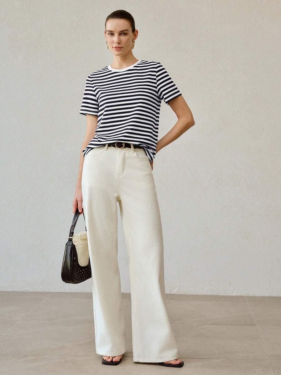 MOTF PREMIUM KAOS LENGAN PENDEK LEHER BULAT WANITA UNTUK MUSIM PANAS, ATASAN BERGARIS KASUAL SERBAGUNA DENGAN WARNA KONTRAS - Blue and White - View 1