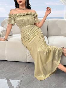 Feyla 女款優雅金屬感露肩長洋裝，適合夏季 - 杏色 - 查看 3
