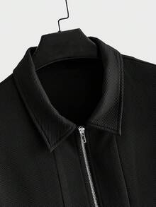 GENTILAND 男士針織提花拉鍊短袖上衣與長褲套裝 - 黑色 - 查看 3