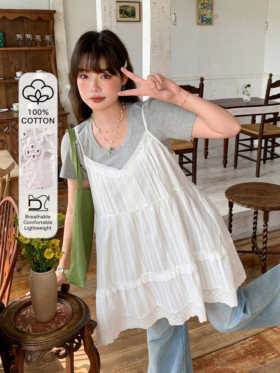 Dazy Plus Contrast Lace A-Line Camisole Top, White Layered Casual Tank Top For Girls, Versatile Spring/Summer Style - White - View 1