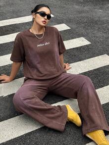 Dazy Plus Plus Size Women 2-Piece Set, Letter Embroidery Washed Dark Blue Loose Long Sleeve Top And Pants, Suitable For Spring And Autumn Summer - Brown - View 9