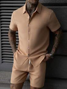 Manfinity Homme 2pcs Solid Color Textured Short Sleeve Shirt And Shorts Set Football - Orange - View 4