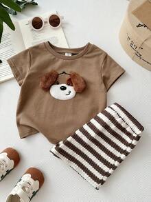 LMoss Kids Baby Boy Knit Solid Color Cute Puppy Pattern T-Shirt And Striped Shorts 2-Piece Set - Brown - View 10