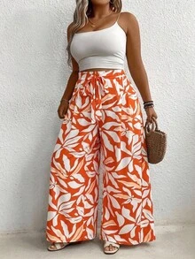 SHEIN CURVE+ Plus Size Women's All-Over Print Casual Versatile Daily Travel Long Pants Fall - Multicolor - View 1