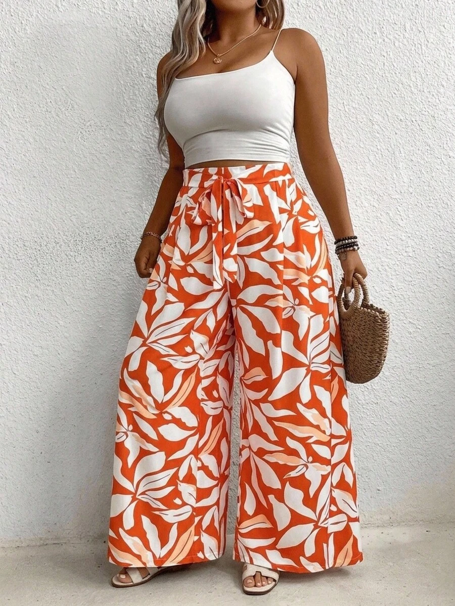 SHEIN CURVE+ Plus Size Women's All-Over Print Casual Versatile Daily Travel Long Pants Fall - Multicolor - View 1