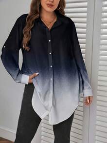 SHEIN Essnce Plus-Size Women's Long-Sleeved Shirt, Gradient Printed Fall Clothing,Tops With Sleeves Professional Women Shirts Long Sleeve Blouses - Multicolor - View 1