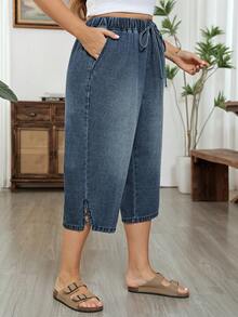 EMERY ROSE Plus Size Drawstring Tie Pocket Slit Straight Leg Ankle Pants Formal Vacation Blue Summer Casual Traditional - Blue - View 4