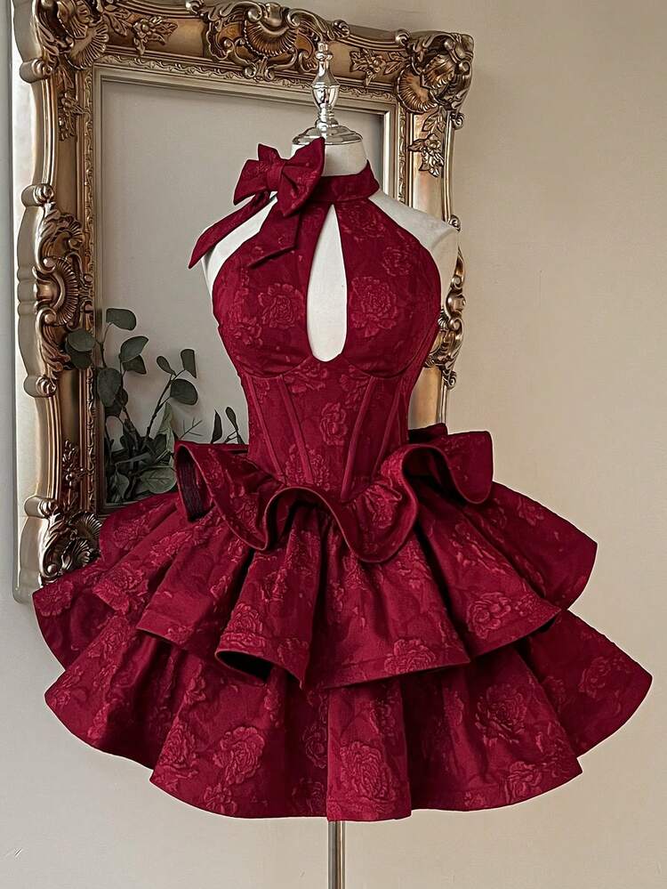 short formal burgundy dress Lovelzi Elegant Luxurious Woven Jacquard Handmade Bow Halter Stand Collar A-Line Prom For Party Graduation Wedding Summer low off