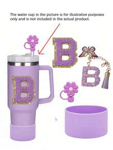 A-C 6-One Piece Cup Accessory Set, Excluding Cups And Straws (30- 40 Ounces)-Accessory Set Includes: 1 Straw Top, 1 Letter Amulet, 1 Silicone Cup Protective Base, And 1 Cup Letter Sticker, Perfect As A Daily Or Holiday Surprise Gift. - Flash Purple - View 11