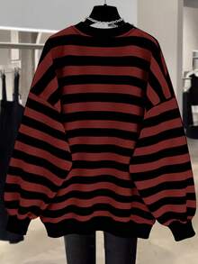 EMERY ROSE New Arrival Bestselling Regular Fit Women Plus Size Striped Crew Neck Sweatshirt - Red - View 2