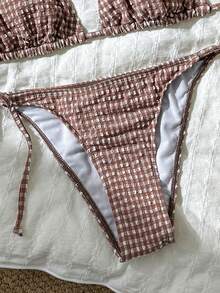 Swim Mod Women's Spring/Summer Jacquard Fabric Halter Neck Tie Bikini Set - Brown - View 5