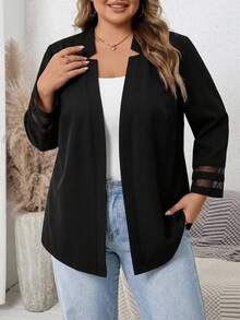 SHEIN CURVE+ 大尺碼女款時尚優雅休閒網格拼接西裝外套，適合夏季教師節、辦公室、晚宴正式場合，黑色 - 黑色 - 查看 5