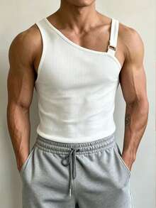 Manfinity Dauomo Men's Summer Fashion Solid Color Ribbed Oblique Shoulder Slim Fit Tank Top - White - View 5