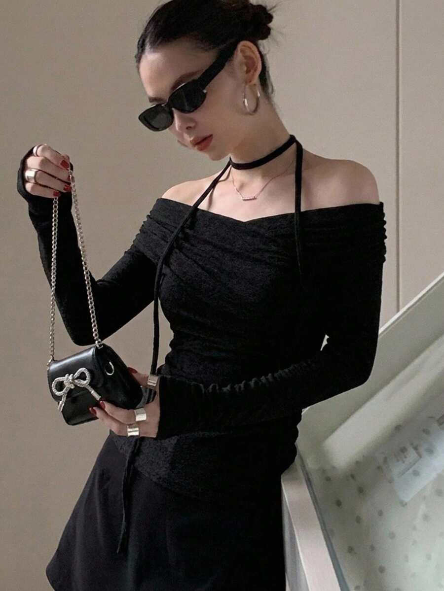 DAZY Women's Cross Off Shoulder Korean Style Tie-Up Long Sleeve T-Shirt, Spring/Autumn Cute Tops Vacation Going Out Tops - Black - View 1
