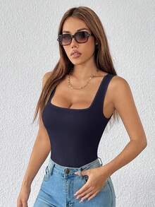 SHEIN PETITE 純色寬肩帶基礎彈性白色連身衣 - 藏蓝色 - 查看 4