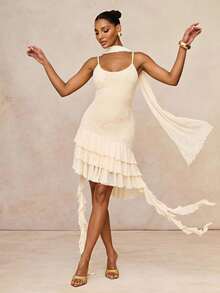Lumalex Summer Sequin Spaghetti Strap Multilayer Ruffle Hem Mesh Patchwork Flowy Dress For Women,Cream White Elegant Party Luxury Wedding Guest Graduation - Apricot - View 2
