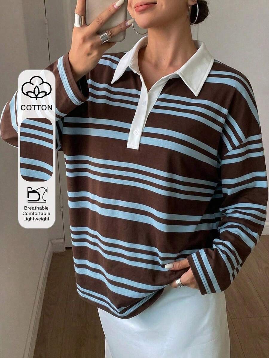 DAZY Women's Loose Striped Long Sleeve Patchwork Contrast Color Casual Top, Spring & Summer - Coffee Brown - View 1