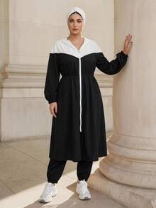 Graceveil 2pcs/Set Plus Size Contrast Color Hooded Zip-Up Long Jacket And Drawstring Pants Elegant - Black and White - View 2