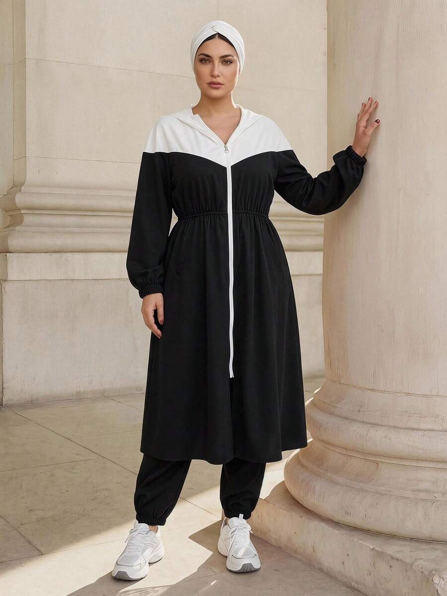 Graceveil 2pcs/Set Plus Size Contrast Color Hooded Zip-Up Long Jacket And Drawstring Pants Elegant