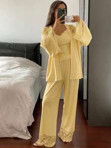 DAZY 3pcs Charming Lace Patchwork Lapel Camisole & Long Pants Women's Pajama Set - Yellow - View 4